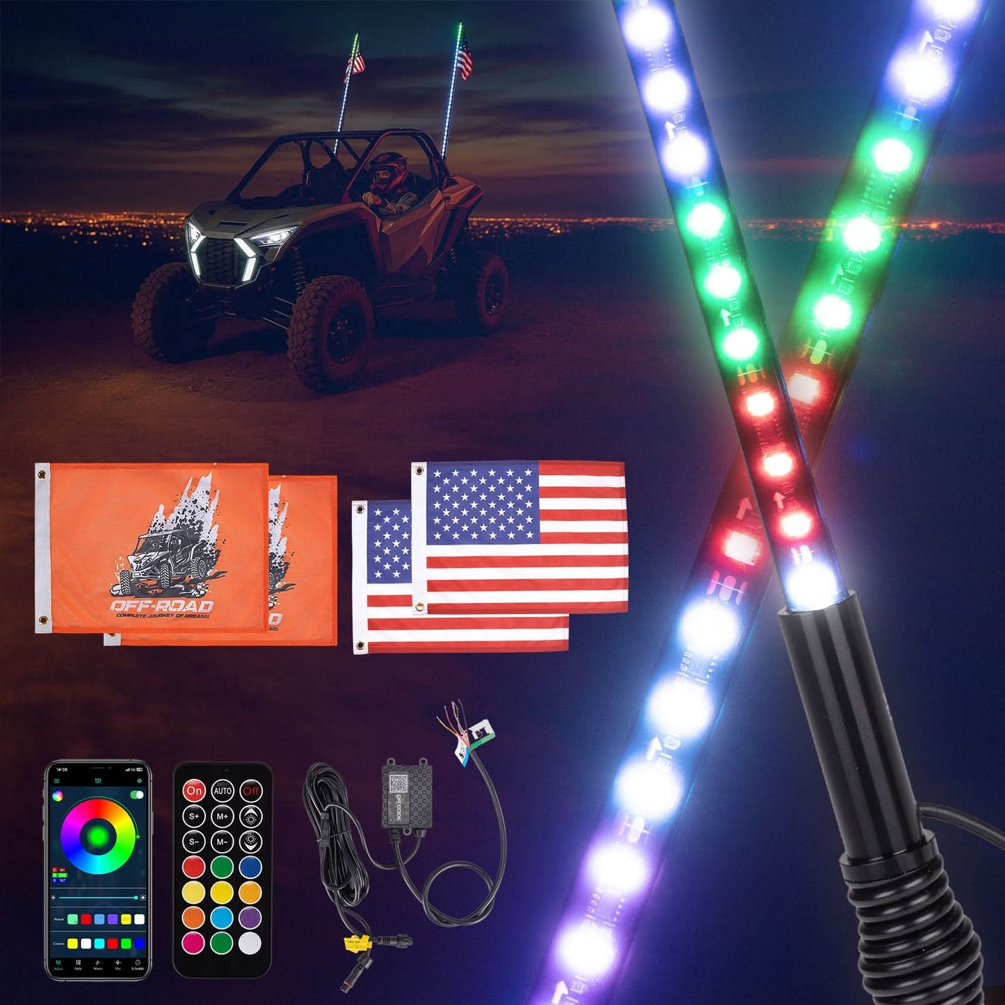 LED Whip Lights (2PCS) �APP Controlled with Turn/Brake/Reverse Signal Sync, Spring Mount �For UTV/ATV - Kemimoto