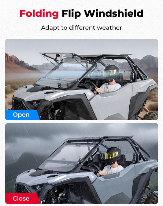 Folding flip windshield on a UTV with open and closed positions shown.