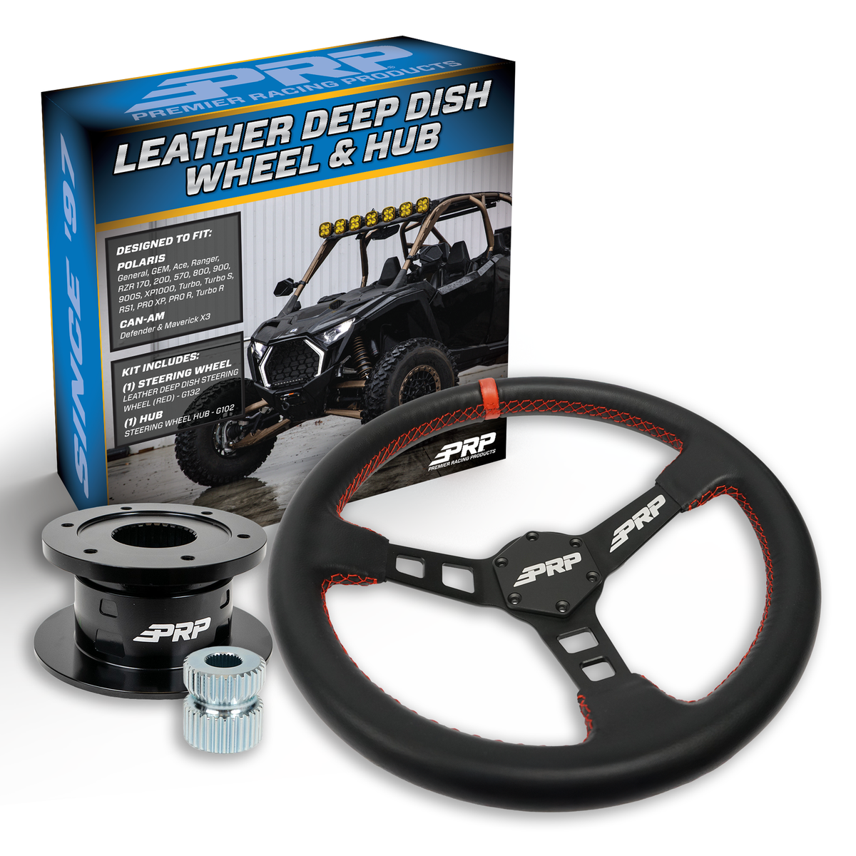 PRP Deep Dish Leather Steering Wheel Kit with Quick Release Hub for Polaris RZR, Can Am X3, Arctic Cat Wildcat, EZ-GO, GEM, John Deere Gator