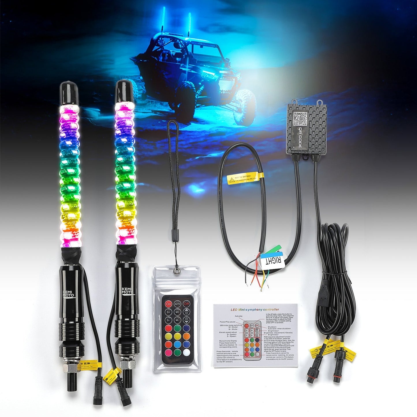 1FT/2FT 2PCS Spiral Whip Light Bluetooth Control - Kemimoto