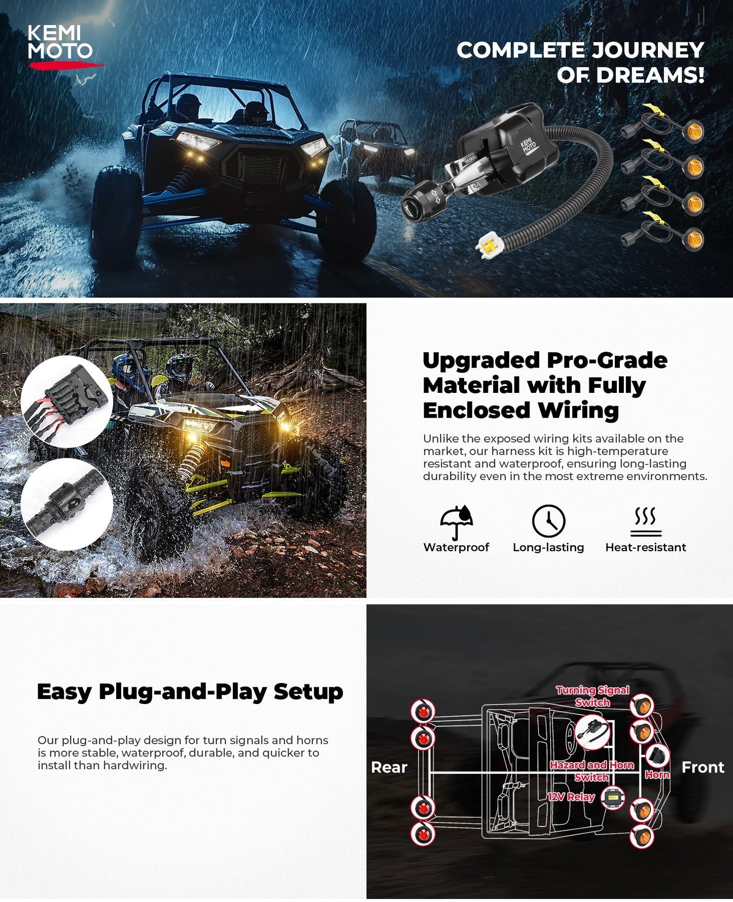 UTV/ATV Universal Turn Signal Kit with Column Switch & Horn - Kemimoto
