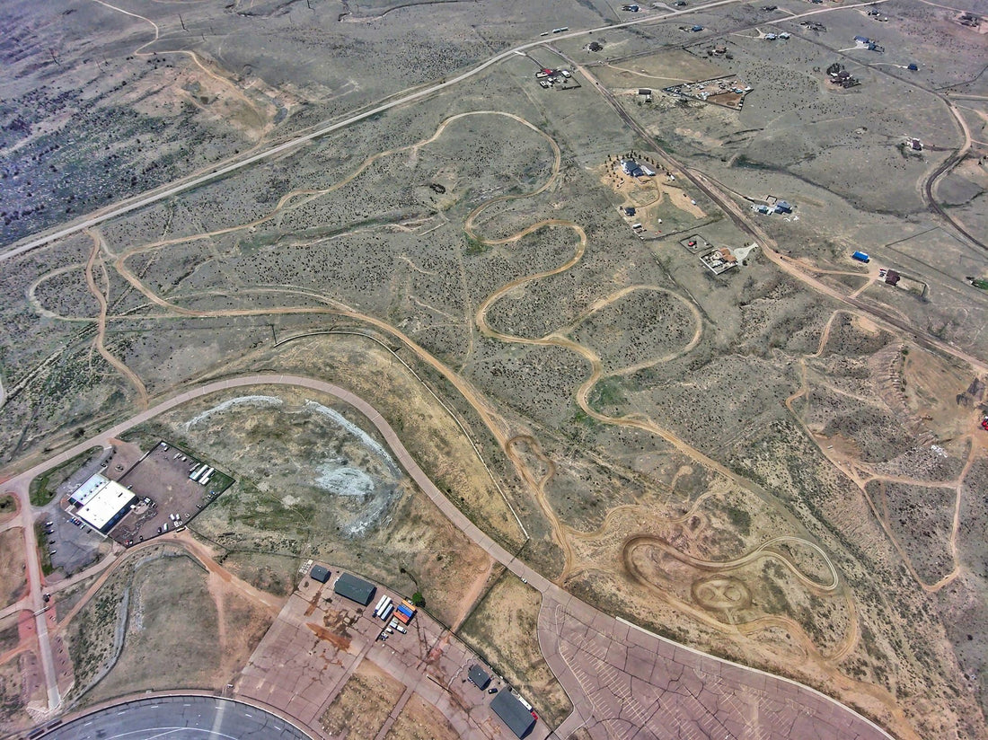 Aerial view of an OHV trail winding through Colorado terrain at Adrenaline Off-Road Park