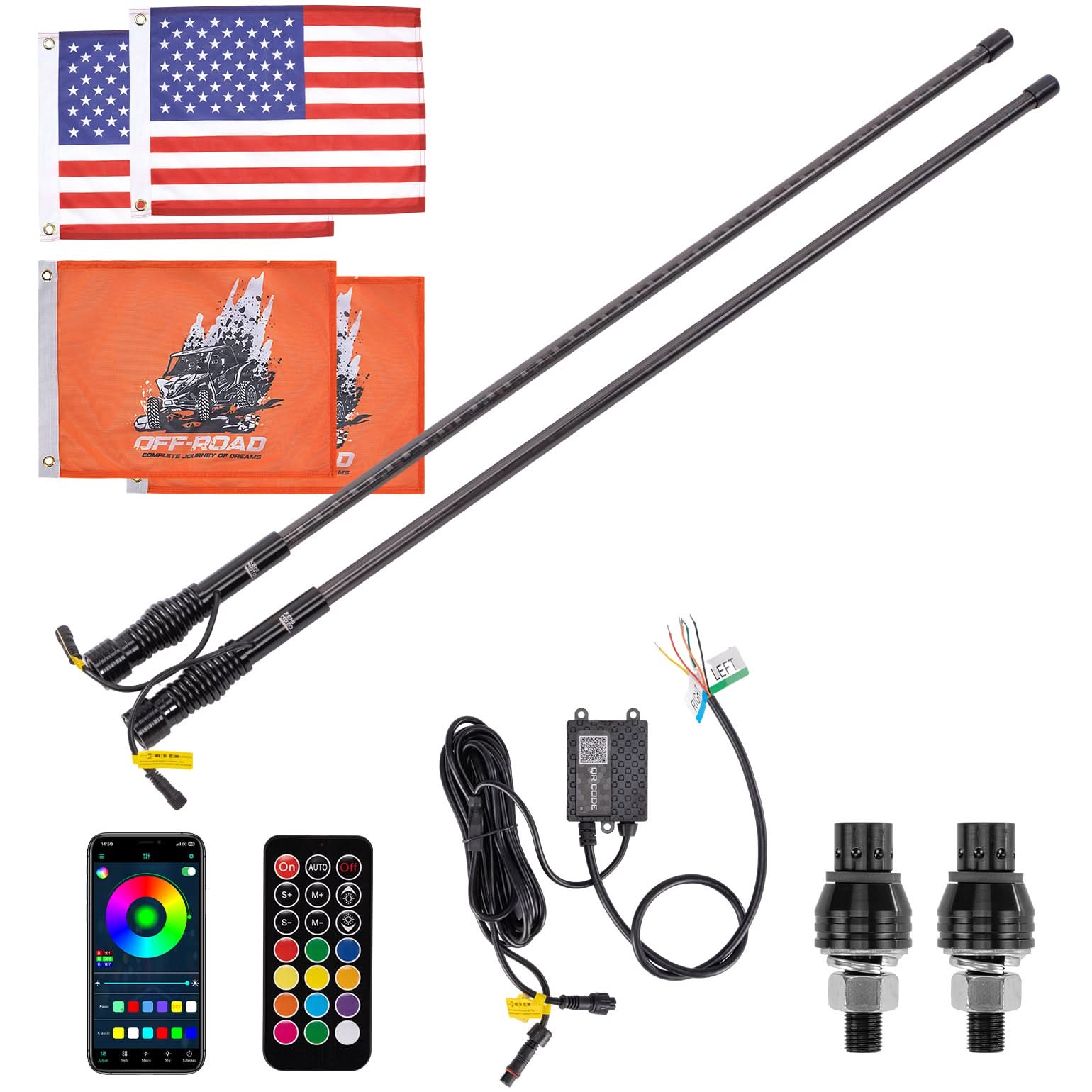 LED Whip Lights (2PCS) â€?APP Controlled with Turn/Brake/Reverse Signal Sync, Spring Mount â€?For UTV/ATV - Kemimoto