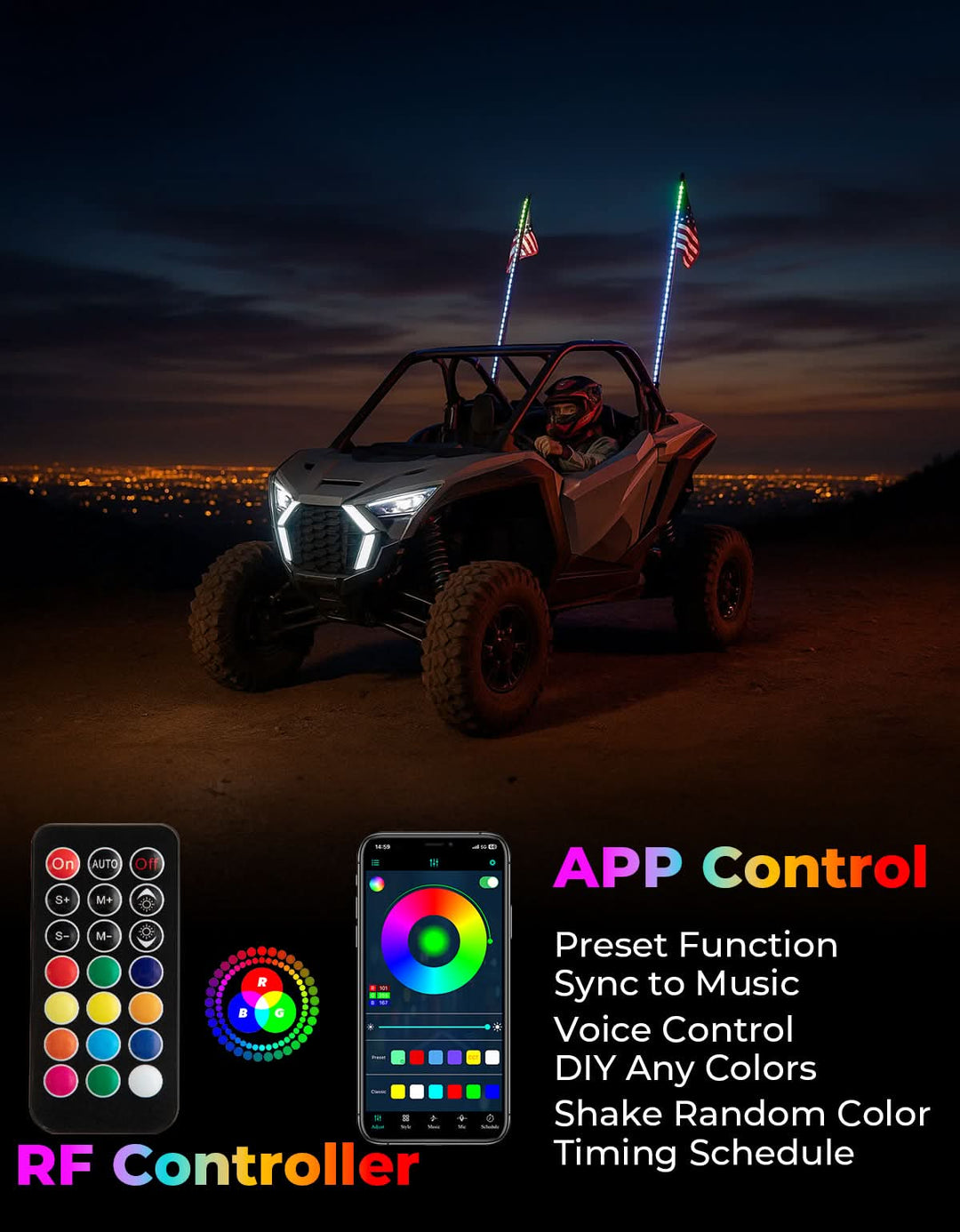 LED Whip Lights (2PCS) â€?APP Controlled with Turn/Brake/Reverse Signal Sync, Spring Mount â€?For UTV/ATV - Kemimoto