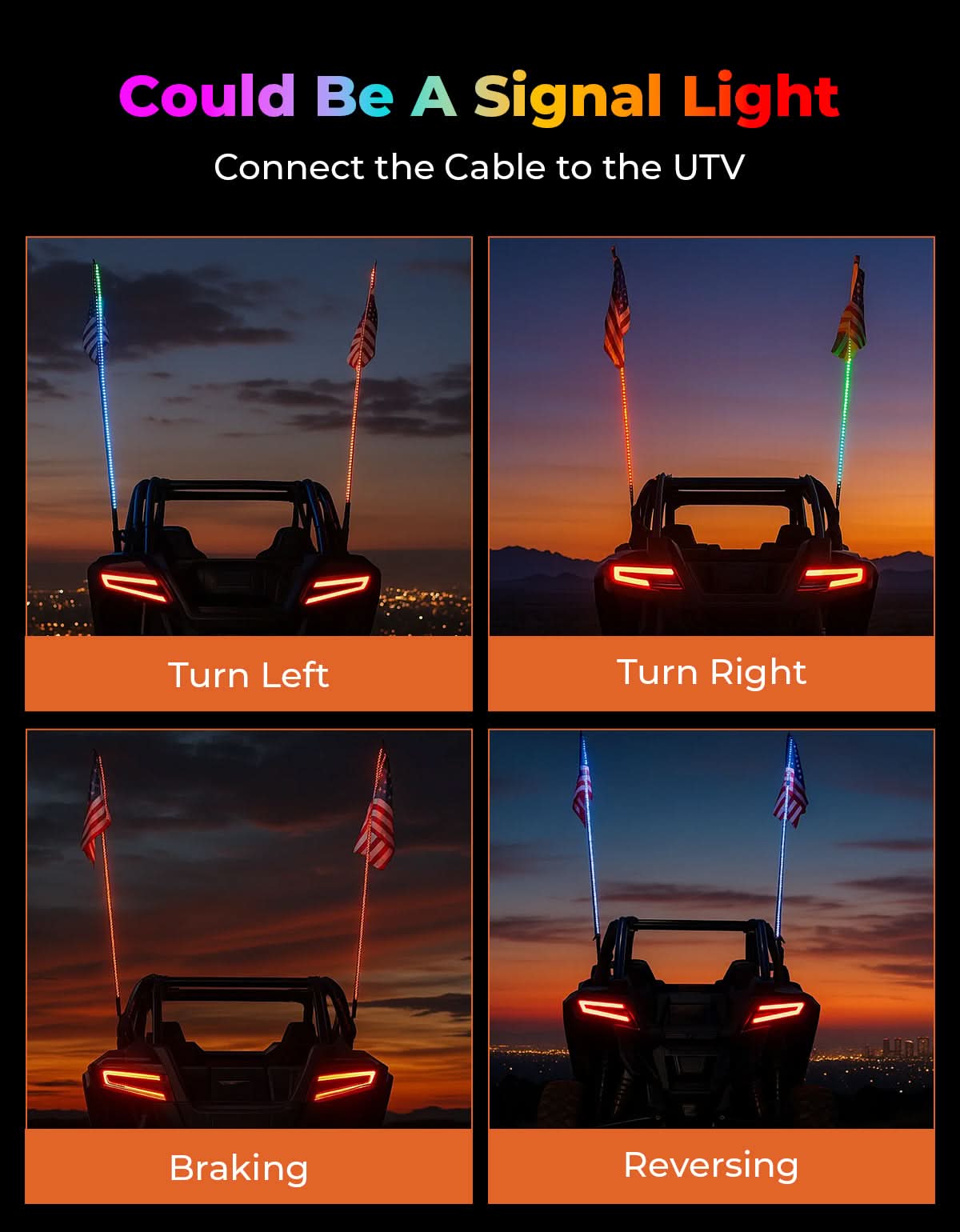 LED Whip Lights (2PCS) â€?APP Controlled with Turn/Brake/Reverse Signal Sync, Spring Mount â€?For UTV/ATV - Kemimoto