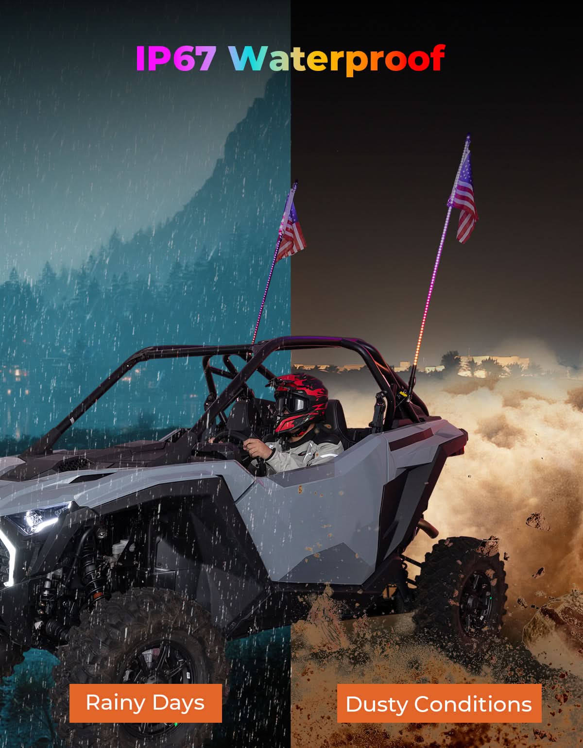 LED Whip Lights (2PCS) â€?APP Controlled with Turn/Brake/Reverse Signal Sync, Spring Mount â€?For UTV/ATV - Kemimoto