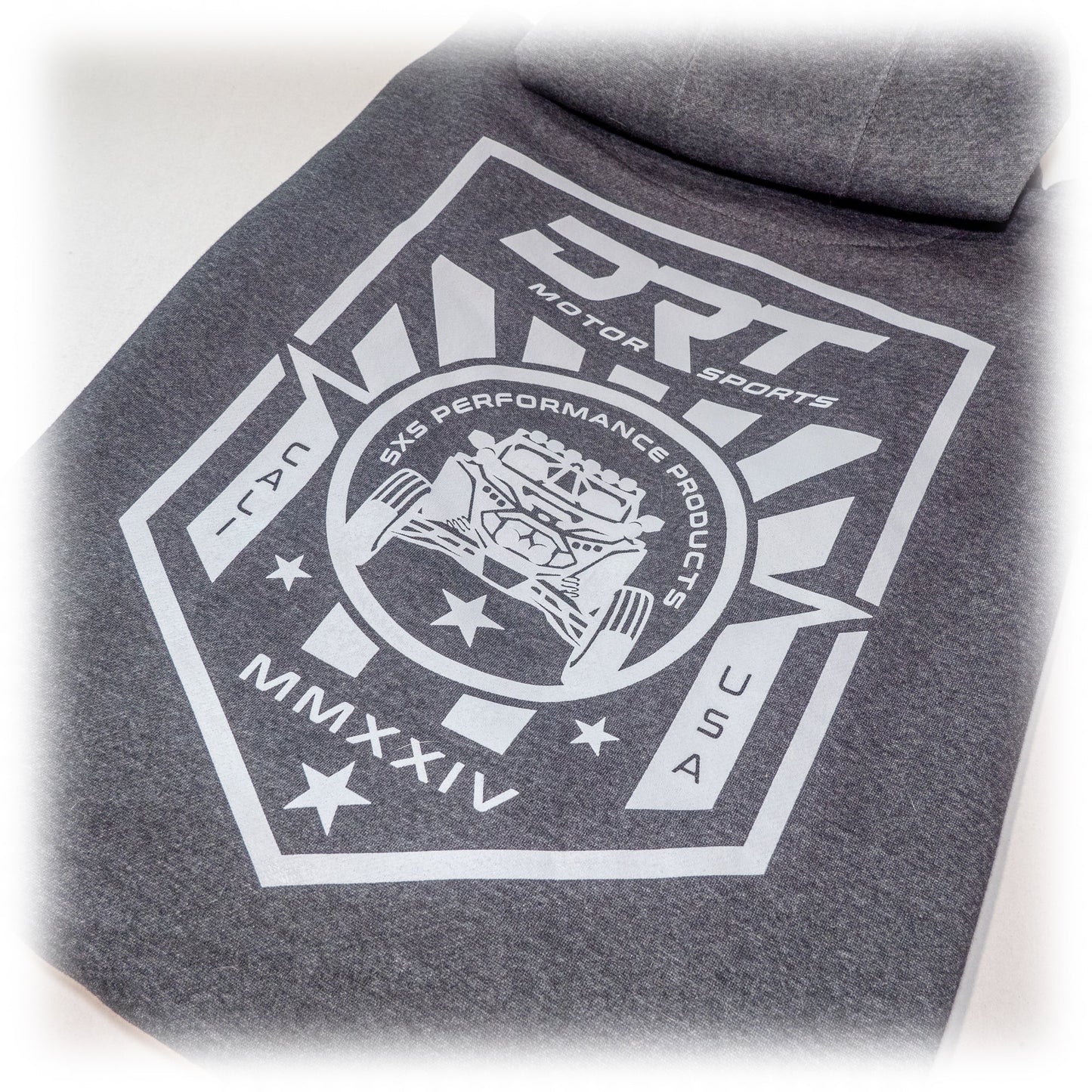 Drt motorsports hoodie in charcoal grey back logo view