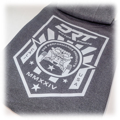 Drt motorsports hoodie in charcoal grey back logo view