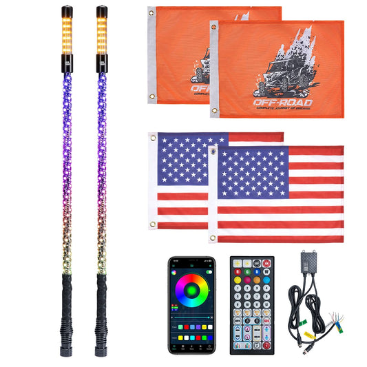 3FT LED Whip Lights 2PCS with Strobe & SOS Modes, Bluetooth App Control for Polaris RZR & Can-Am X3 - Kemimoto