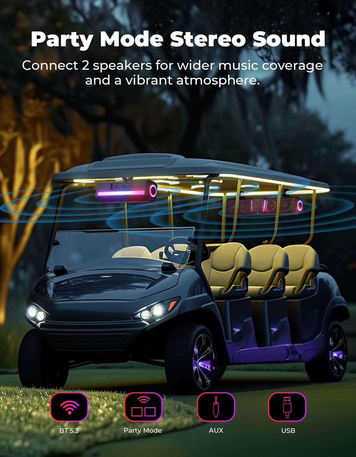 Midnight 40 16" Bluetooth Sound Bar â€?025 Compact RGB UTV Speaker for Golf Cart, ATV, Polaris RZR - Kemimoto