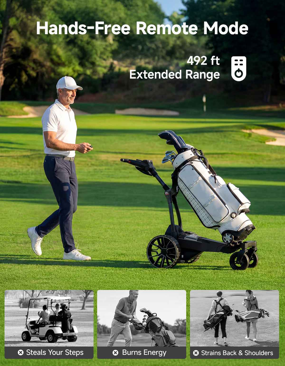 A man pushing an electric caddy with a remote control on a golf course