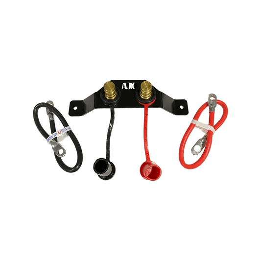 Battery Terminal Relocation Kit by AJK Offroad opened and with battery cables