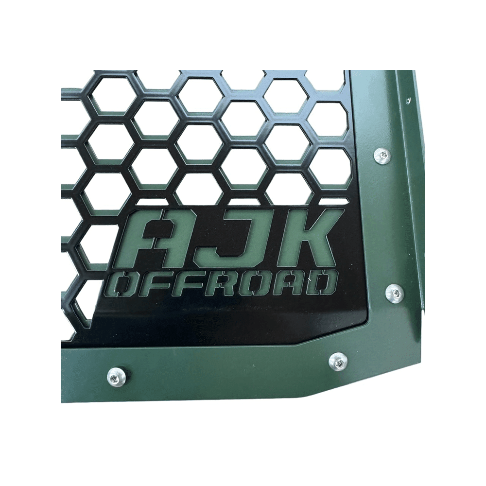 Polaris Xpedition Grill by AJK Offroad Close Up of Logo on Green Grill
