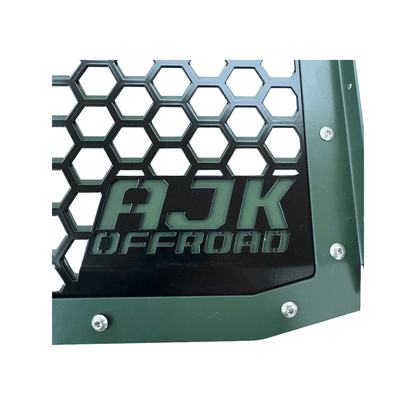 Polaris Xpedition Grill by AJK Offroad Close Up of Logo on Green Grill