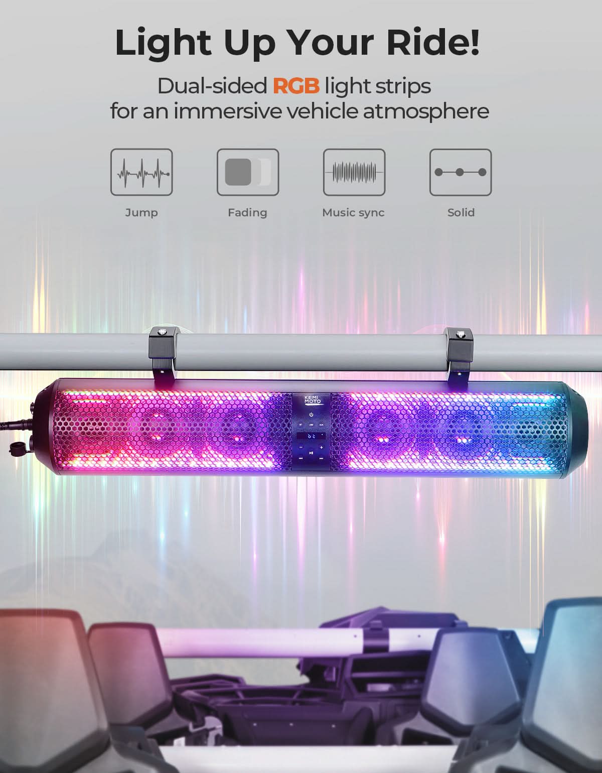 UTV Bluetooth Sound Bar â€?32" RGB Speaker, IP66 Waterproof 2025 | Fits 1"-2" Roll Bars on Polaris RZR, Can-Am, SxS, Golf Carts