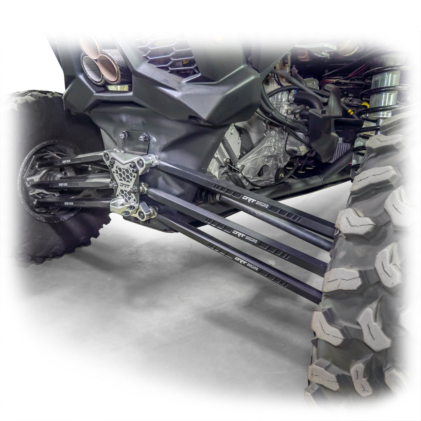 DRT Can-Am Maverick X3 2017+ Billet Aluminum 3-PC Radius Rod Plate Kit Full rear view
