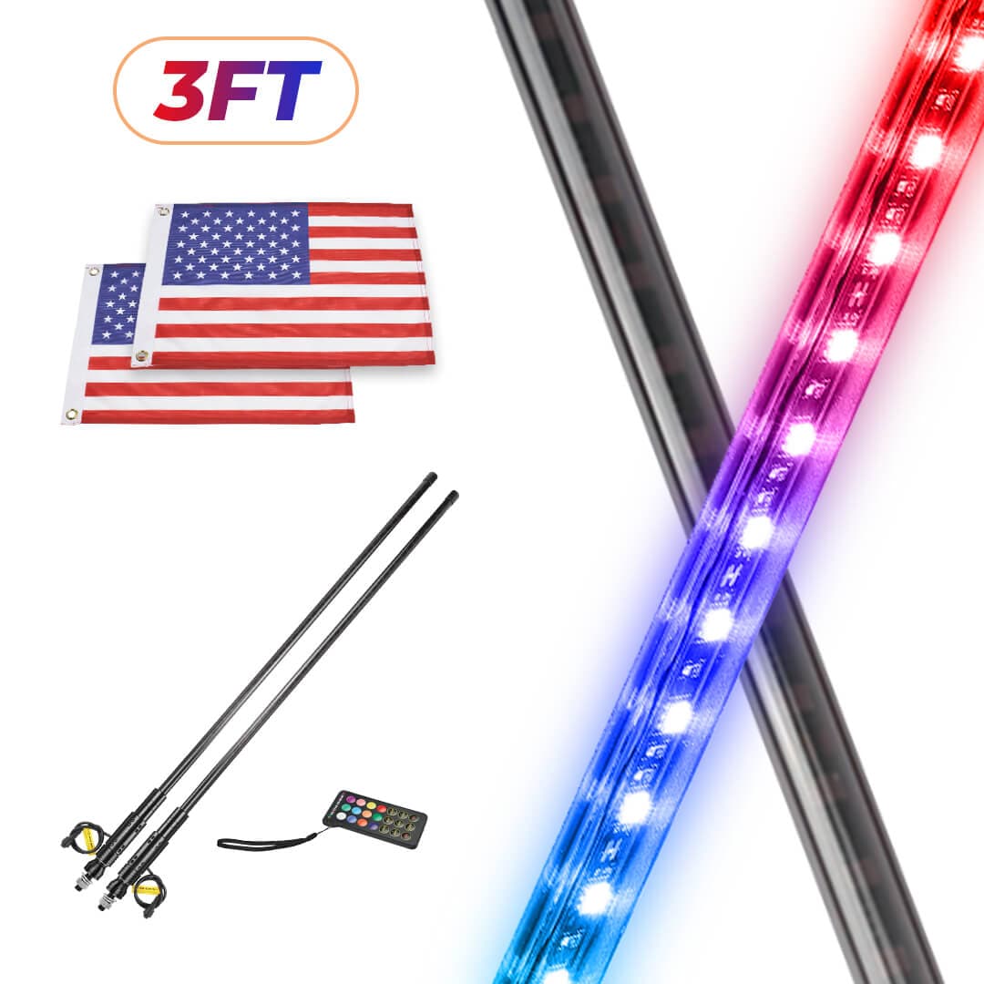 3FT Black LED Whip Light with RF Remote Control, 366 colors, 1pc or 2pcs - Kemimoto