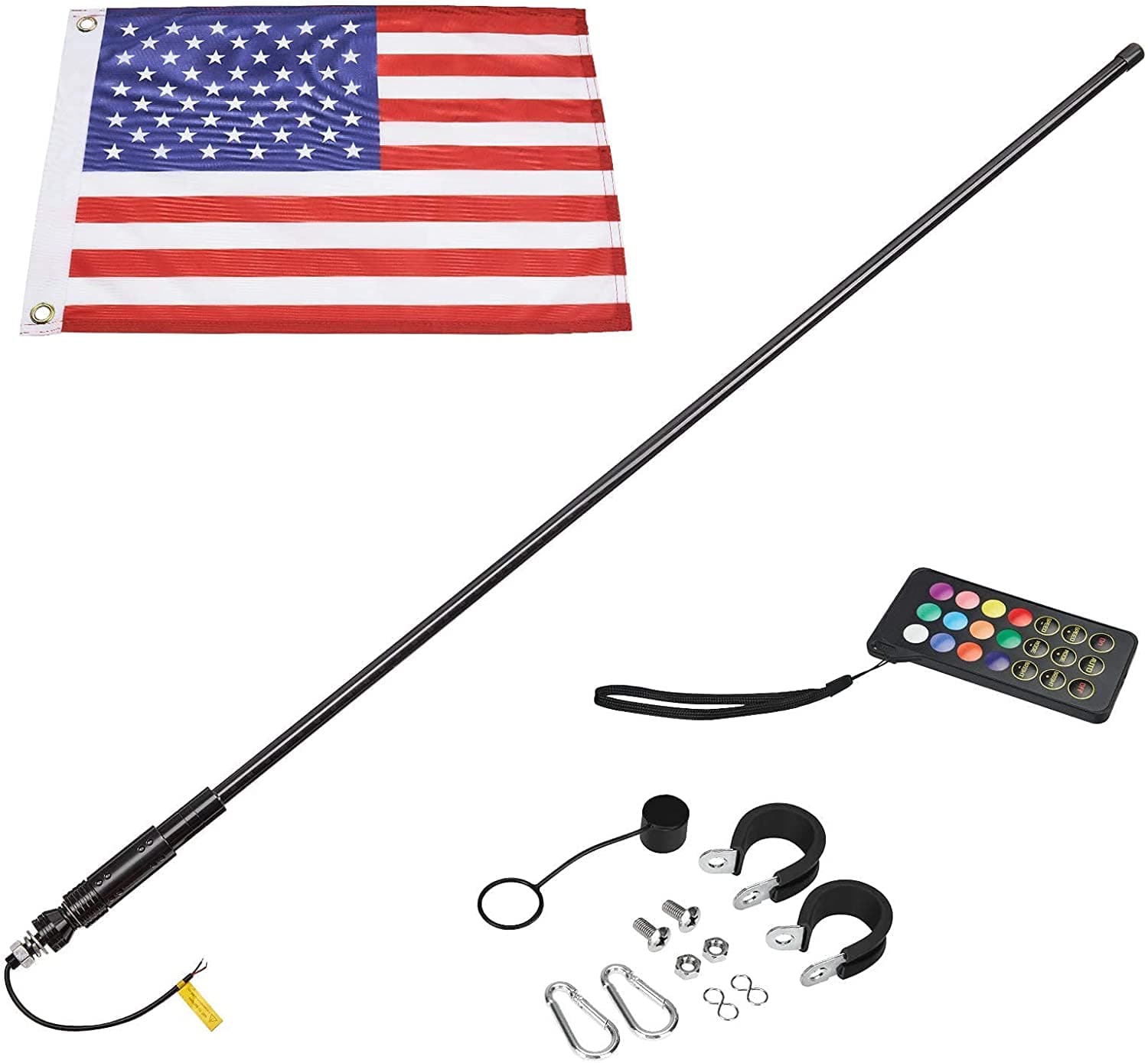3FT Black LED Whip Light with RF Remote Control, 366 colors, 1pc or 2pcs - Kemimoto