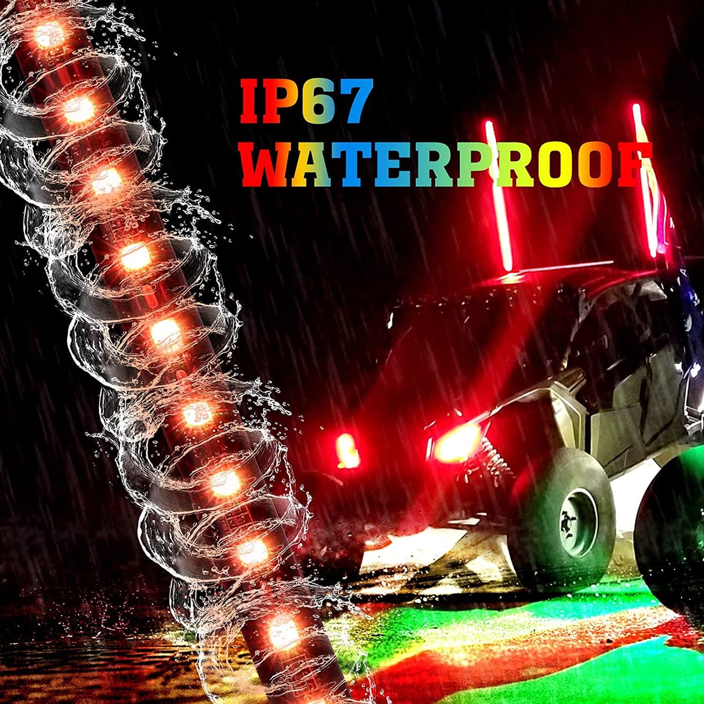 3FT Black LED Whip Light with RF Remote Control, 366 colors, 1pc or 2pcs - Kemimoto