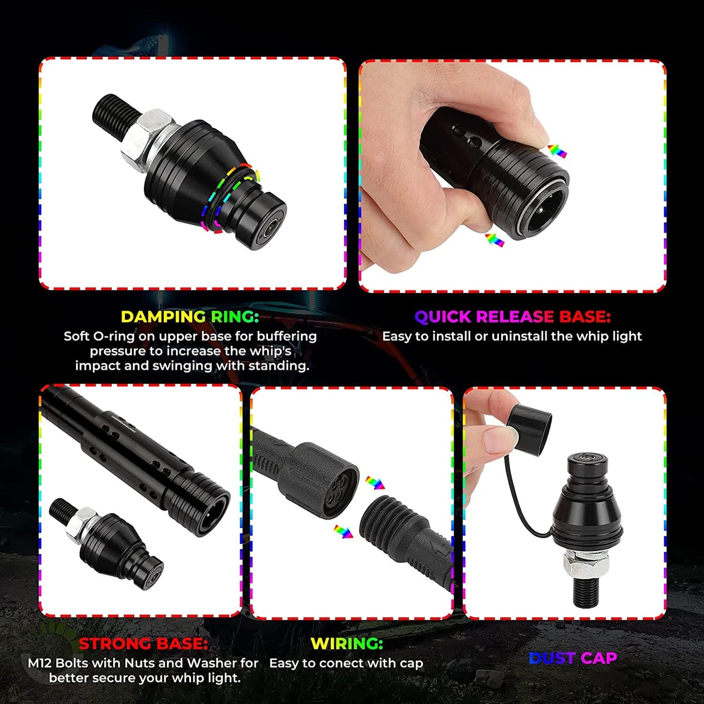 3FT Black LED Whip Light with RF Remote Control, 366 colors, 1pc or 2pcs - Kemimoto