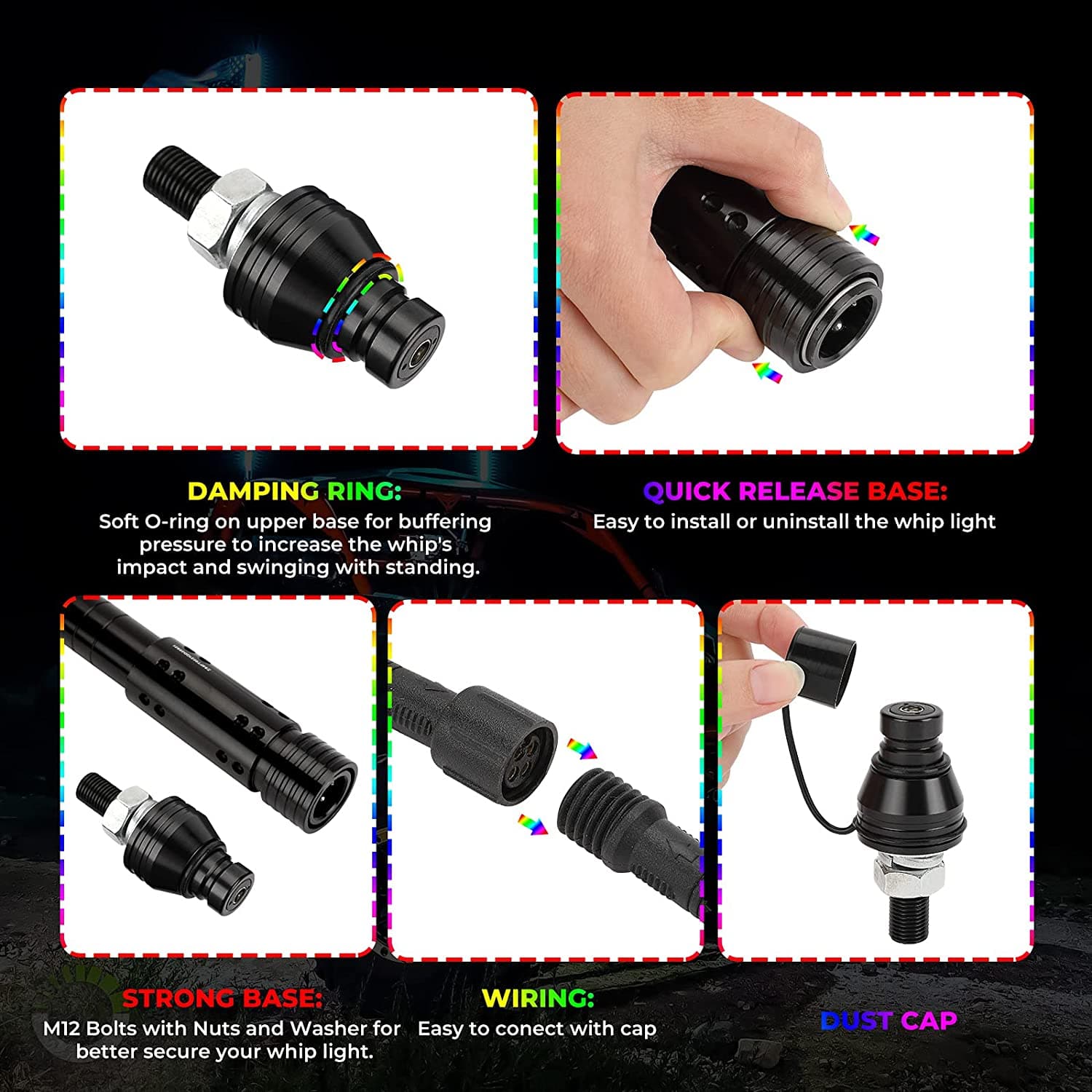3FT Black LED Whip Light with RF Remote Control, 366 colors, 1pc or 2pcs - Kemimoto