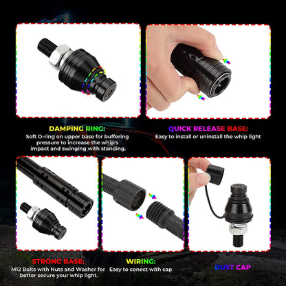 3FT Black LED Whip Light with RF Remote Control, 366 colors, 1pc or 2pcs - Kemimoto