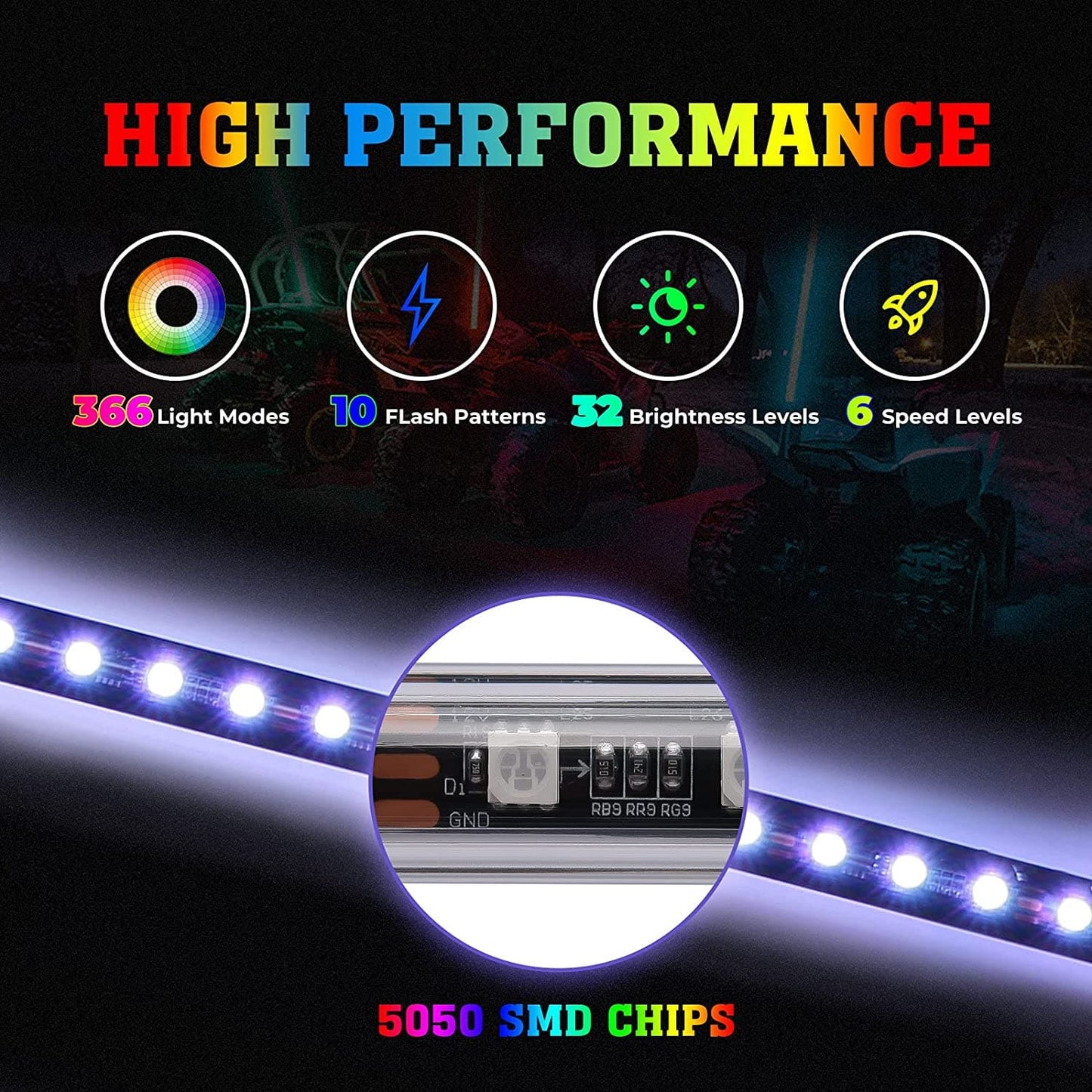 3FT Black LED Whip Light with RF Remote Control, 366 colors, 1pc or 2pcs - Kemimoto