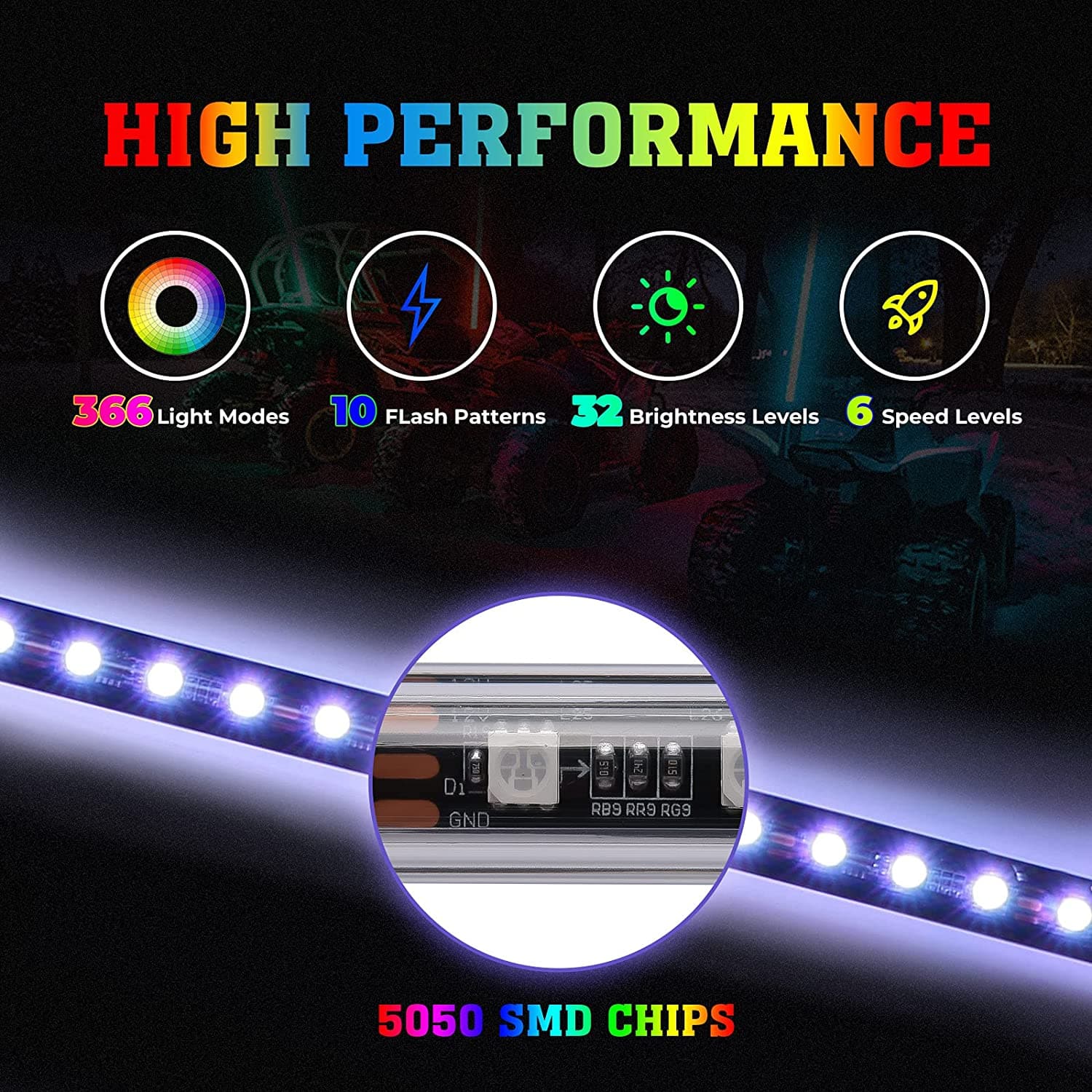 3FT Black LED Whip Light with RF Remote Control, 366 colors, 1pc or 2pcs - Kemimoto