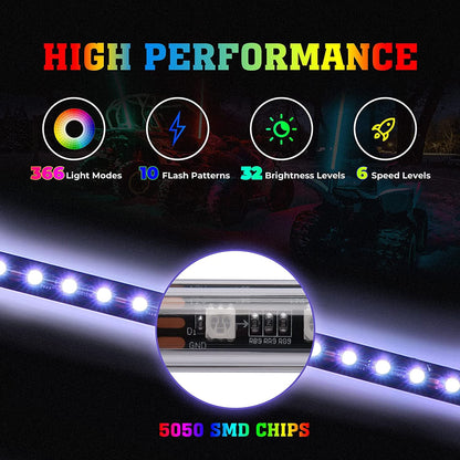 3FT Black LED Whip Light with RF Remote Control, 366 colors, 1pc or 2pcs - Kemimoto