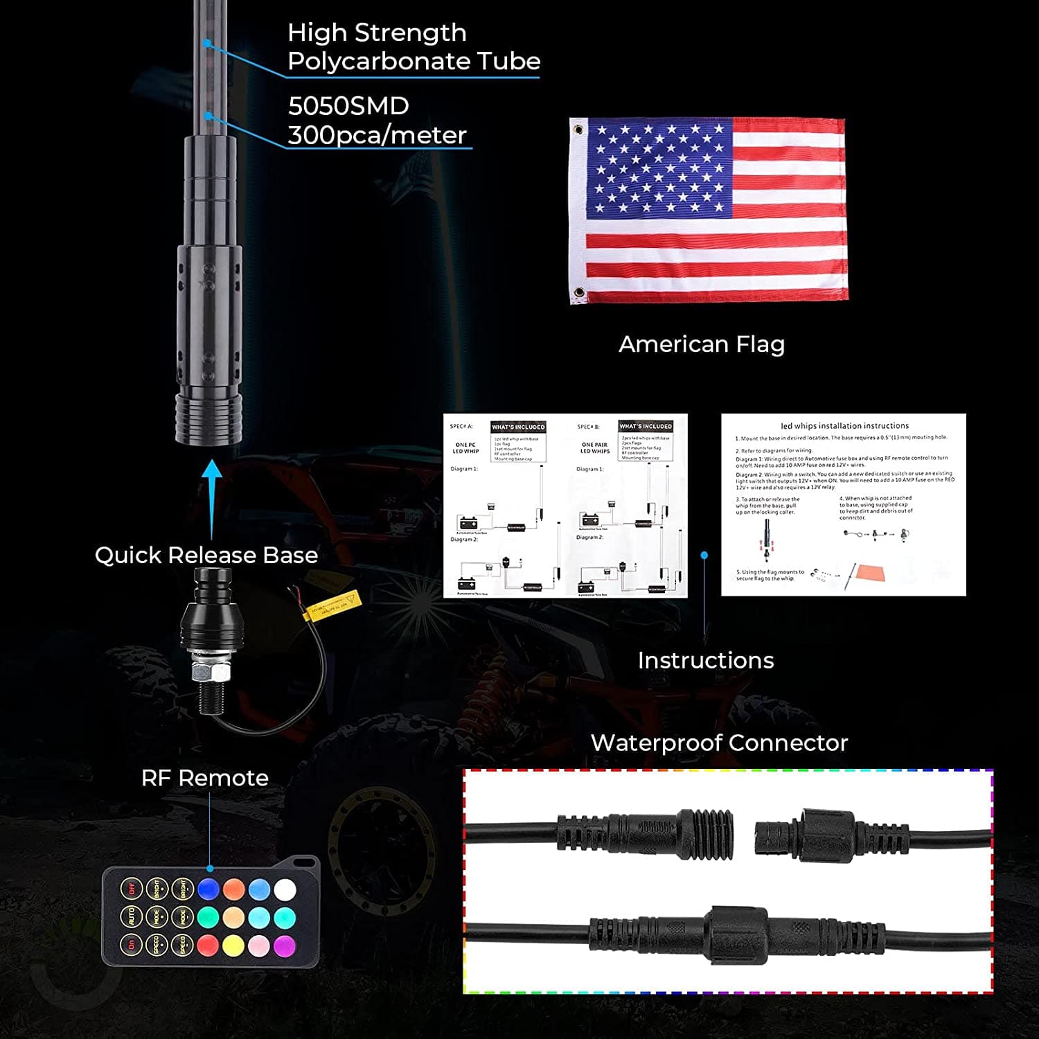 3FT Black LED Whip Light with RF Remote Control, 366 colors, 1pc or 2pcs - Kemimoto