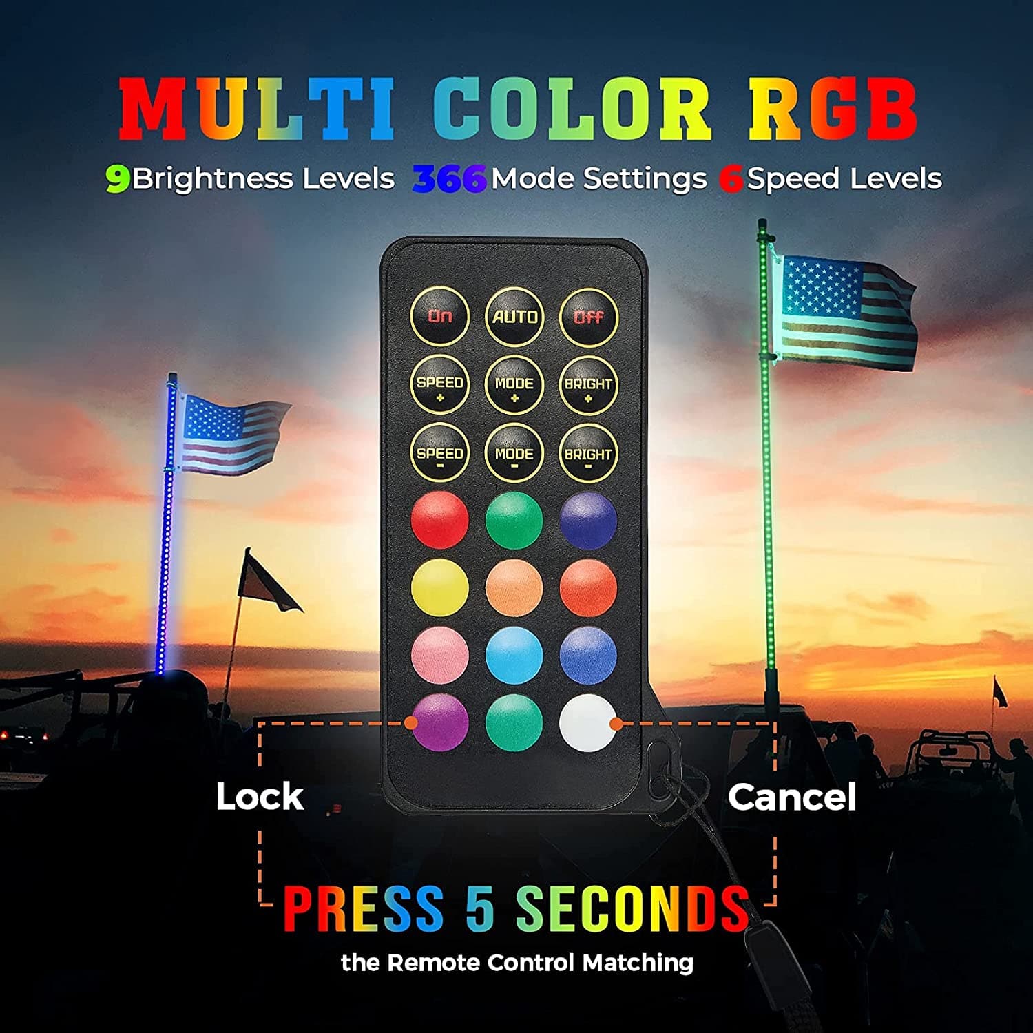 3FT Black LED Whip Light with RF Remote Control, 366 colors, 1pc or 2pcs - Kemimoto