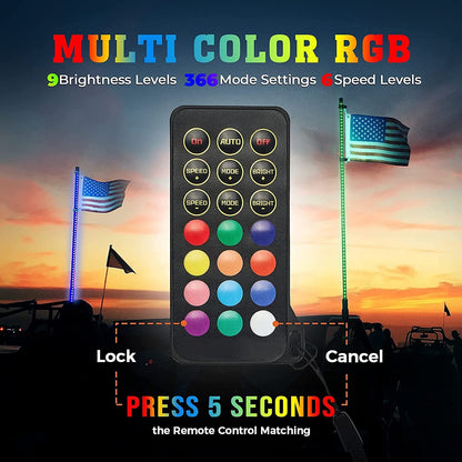3FT Black LED Whip Light with RF Remote Control, 366 colors, 1pc or 2pcs - Kemimoto