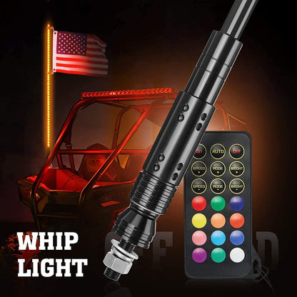 3FT Black LED Whip Light with RF Remote Control, 366 colors, 1pc or 2pcs - Kemimoto