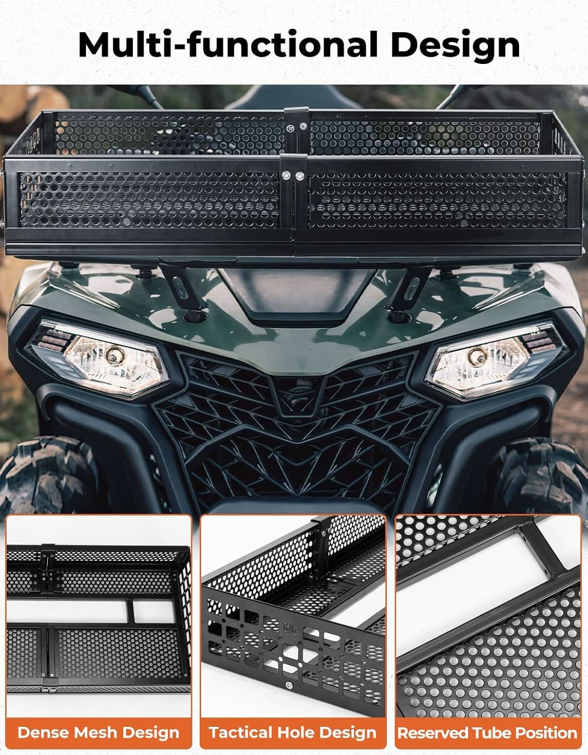 ATV Front Cargo Basket with Steel Mesh Surface for Kawasaki, Universal for Golf Cart Tractor - Kemimoto