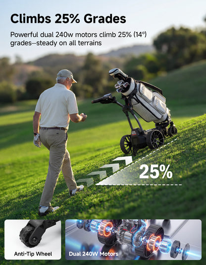Electric golf caddy with powerful 240W motors