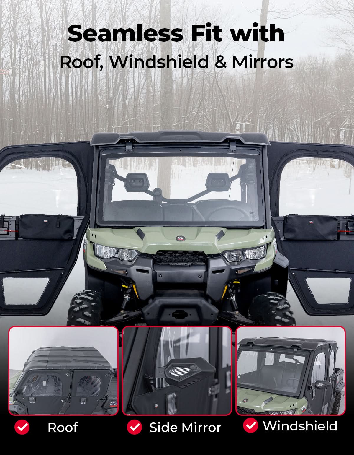 UTV Framed Doors for Can-Am Defender Max HD 7/8/9/10 â€?Full Enclosure Kit, 2022â€?024 - Kemimoto
