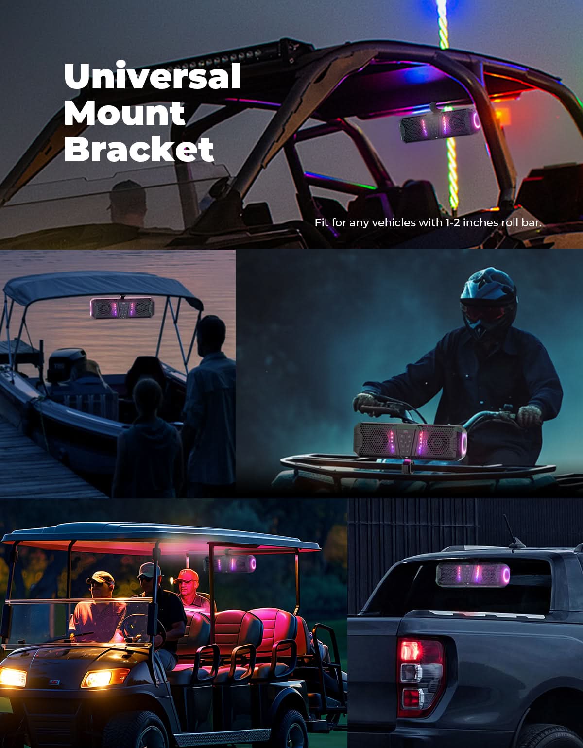 Midnight 40 16" Bluetooth Sound Bar â€?025 Compact RGB UTV Speaker for Golf Cart, ATV, Polaris RZR - Kemimoto