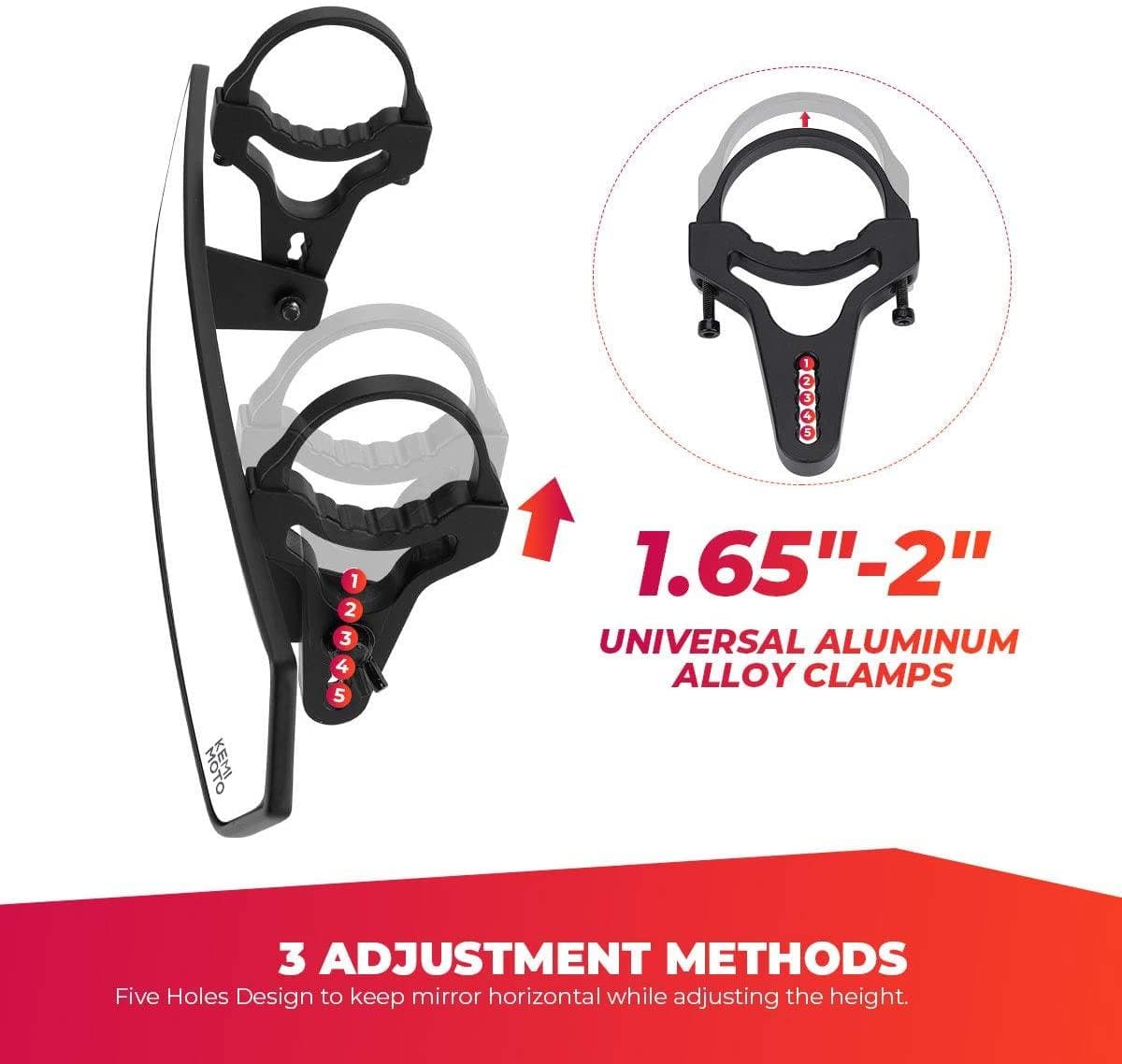 UTV 1.65"-2" Round Tube Adjustable Rear View Mirror & UTV 1.75"-2" Round Tube Adjustable Side Mirrors - Kemimoto