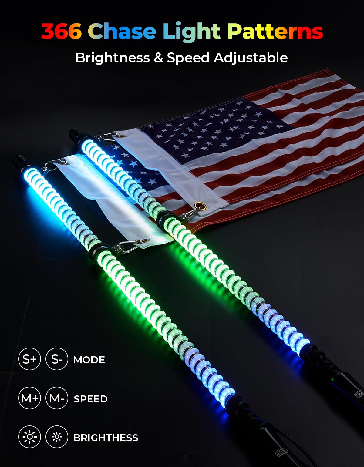 2PCS 4FT COB LED Whip Lights â€?2016 LEDs, Bluetooth APP Control â€?Fit Can-Am X3, Polaris RZR, UTV/ATV