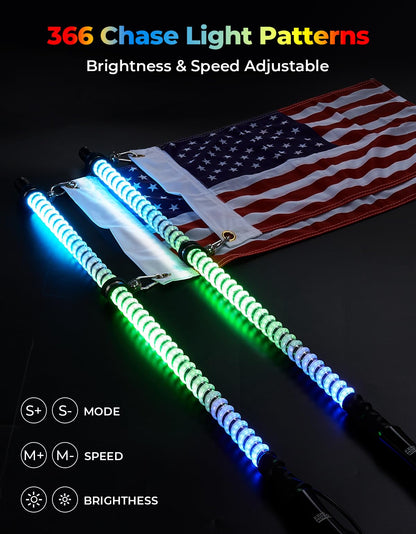 2PCS 4FT COB LED Whip Lights â€?2016 LEDs, Bluetooth APP Control â€?Fit Can-Am X3, Polaris RZR, UTV/ATV