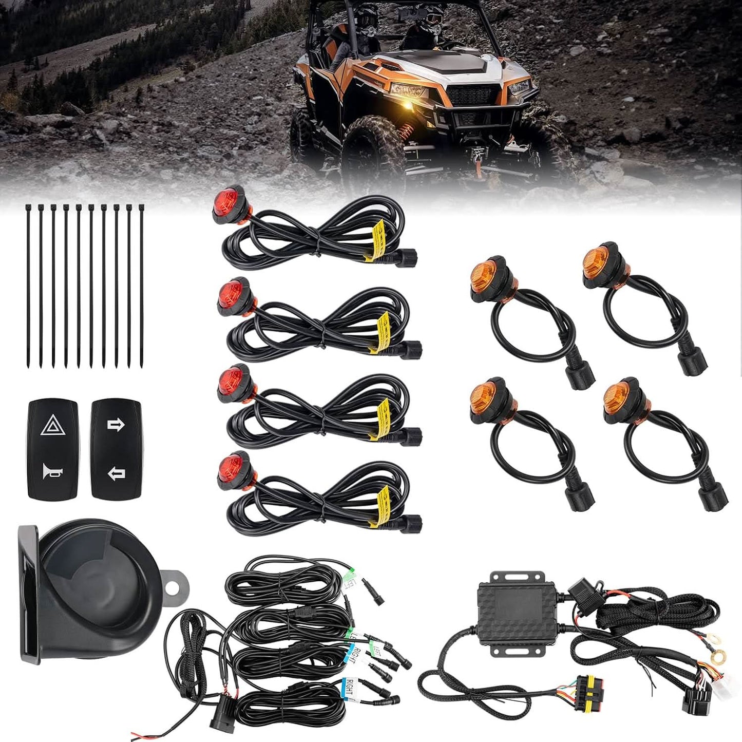 UTV Turn Signal Kit with 110D Horn for Polaris, Can-Am, Kawasaki, CFMOTO - Kemimoto