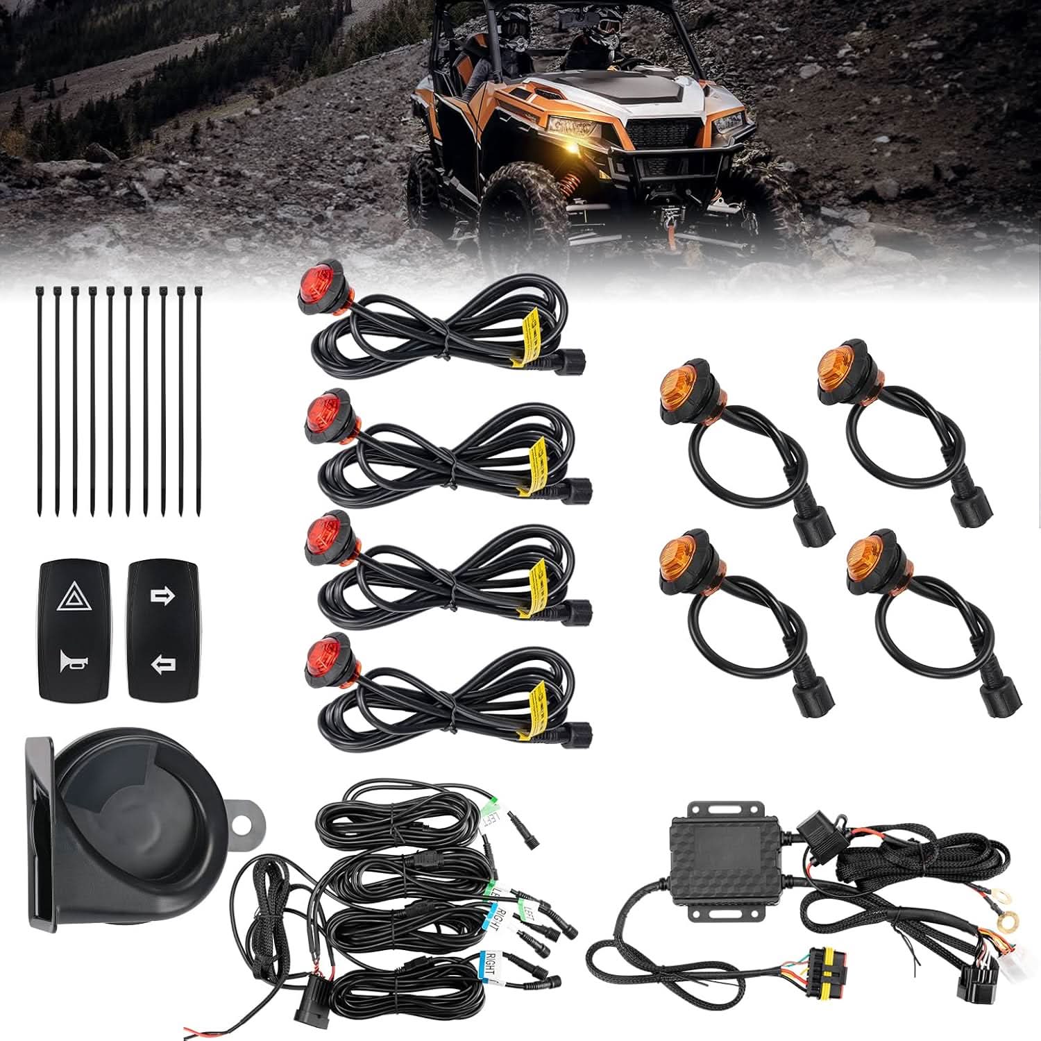 UTV Turn Signal Kit with 110D Horn for Polaris, Can-Am, Kawasaki, CFMOTO - Kemimoto