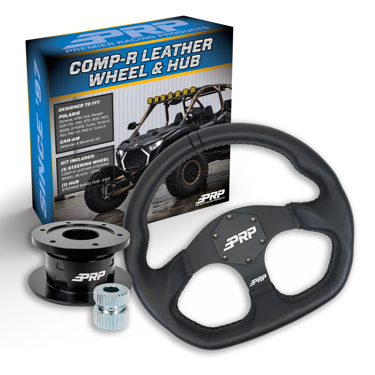 PRP Leather D-Shape Steering Wheel Kit with Quick Release Hub for Polaris RZR, Can Am X3, Arctic Cat Wildcat, EZ-GO, GEM, John Deere Gator