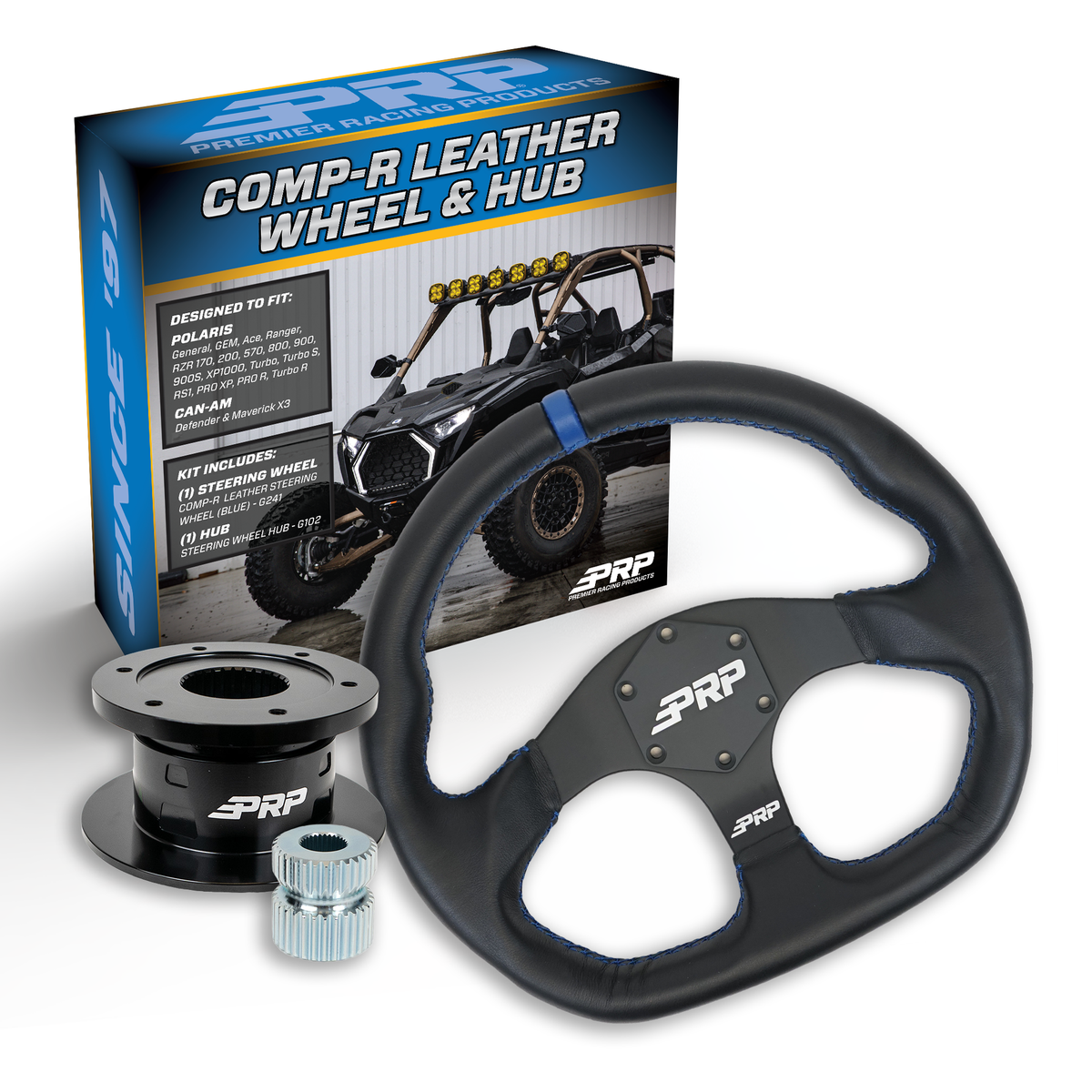 PRP Leather D-Shape Steering Wheel Kit with Quick Release Hub for Polaris RZR, Can Am X3, Arctic Cat Wildcat, EZ-GO, GEM, John Deere Gator