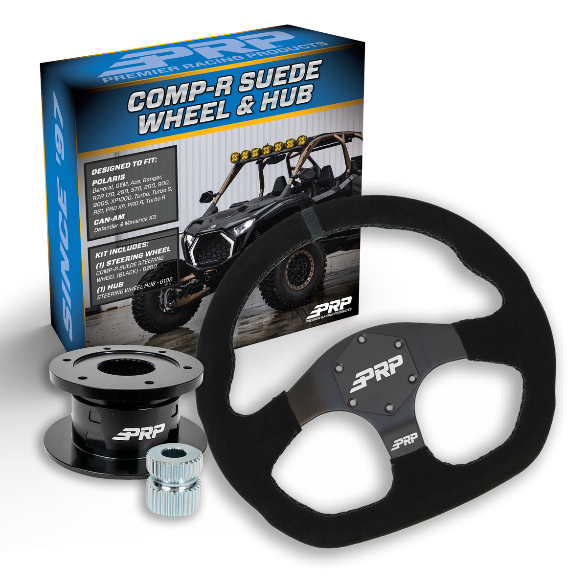 PRP Suede D-Shape Steering Wheel Kit with Quick Release Hub for Polaris RZR, Can Am X3, Arctic Cat Wildcat, EZ-GO, GEM, John Deere Gator