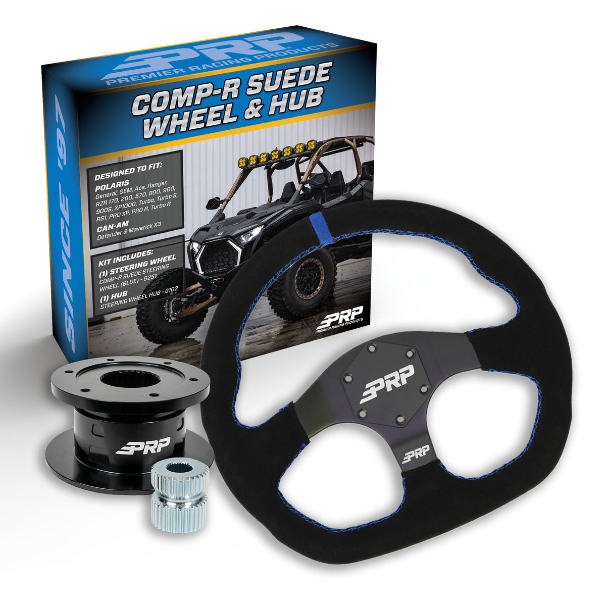 PRP Suede D-Shape Steering Wheel Kit with Quick Release Hub for Polaris RZR, Can Am X3, Arctic Cat Wildcat, EZ-GO, GEM, John Deere Gator