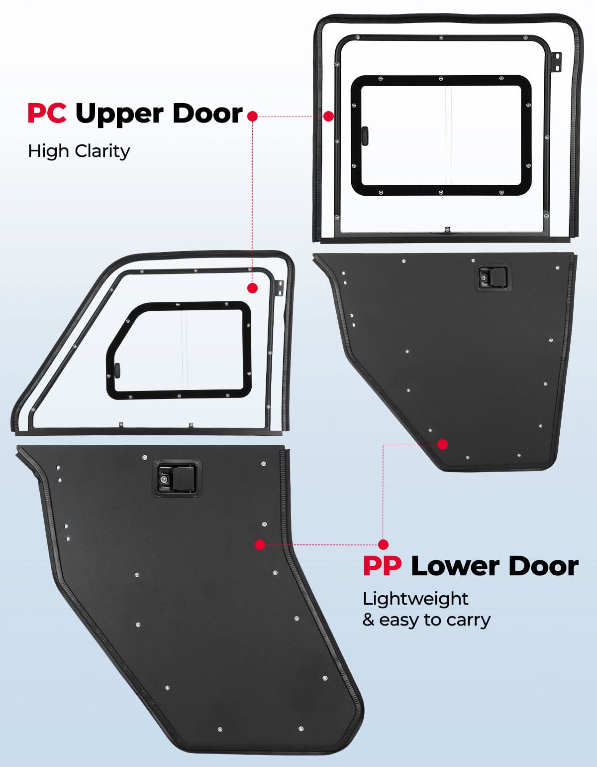 2-in-1 Convertible UTV Doors with Vented Window for Polaris Ranger Crew XP 1000 (2018-2025) - Kemimoto