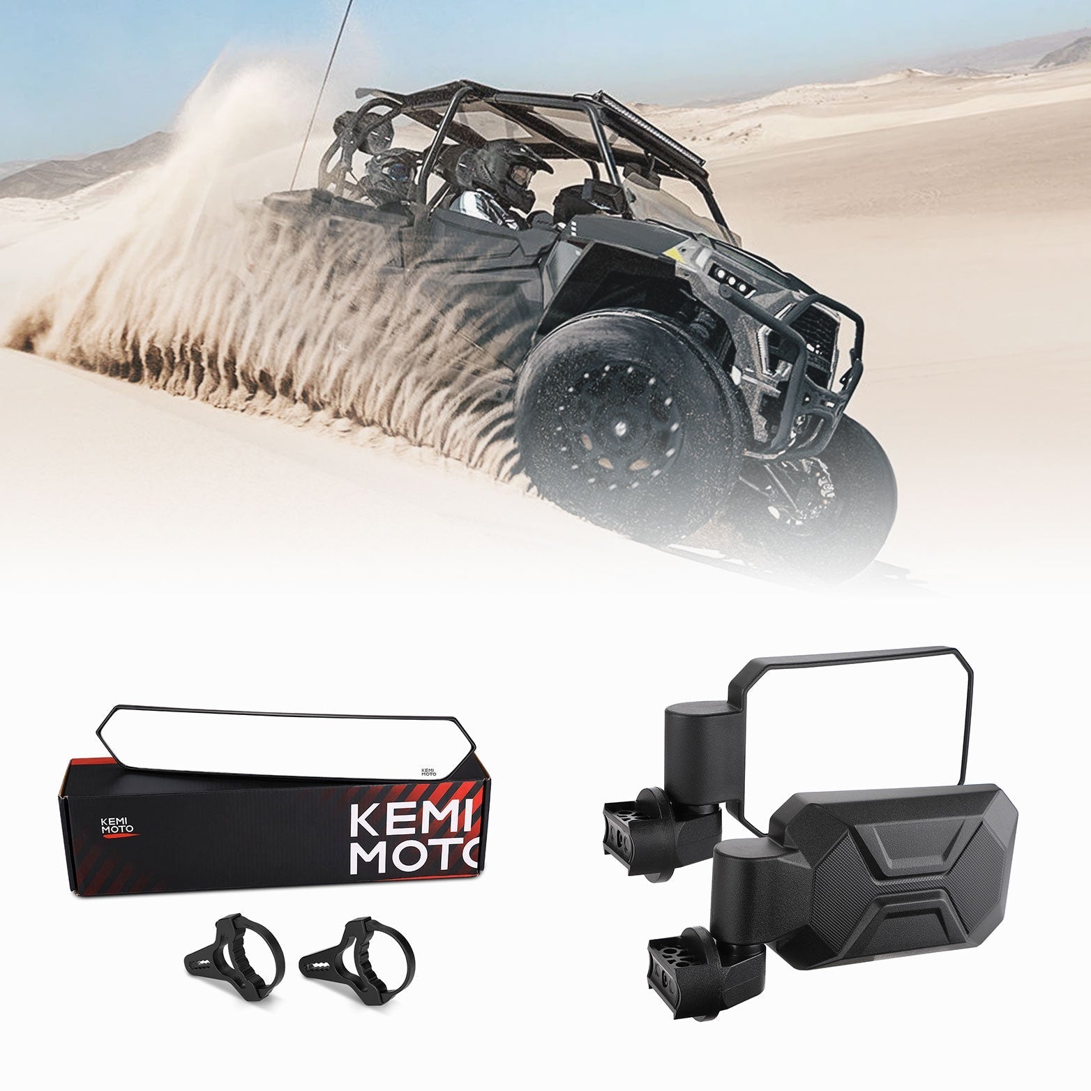 Rear View Mirror and Side Mirrors with 1.6" to 2" Roll Bar Cage - Kemimoto