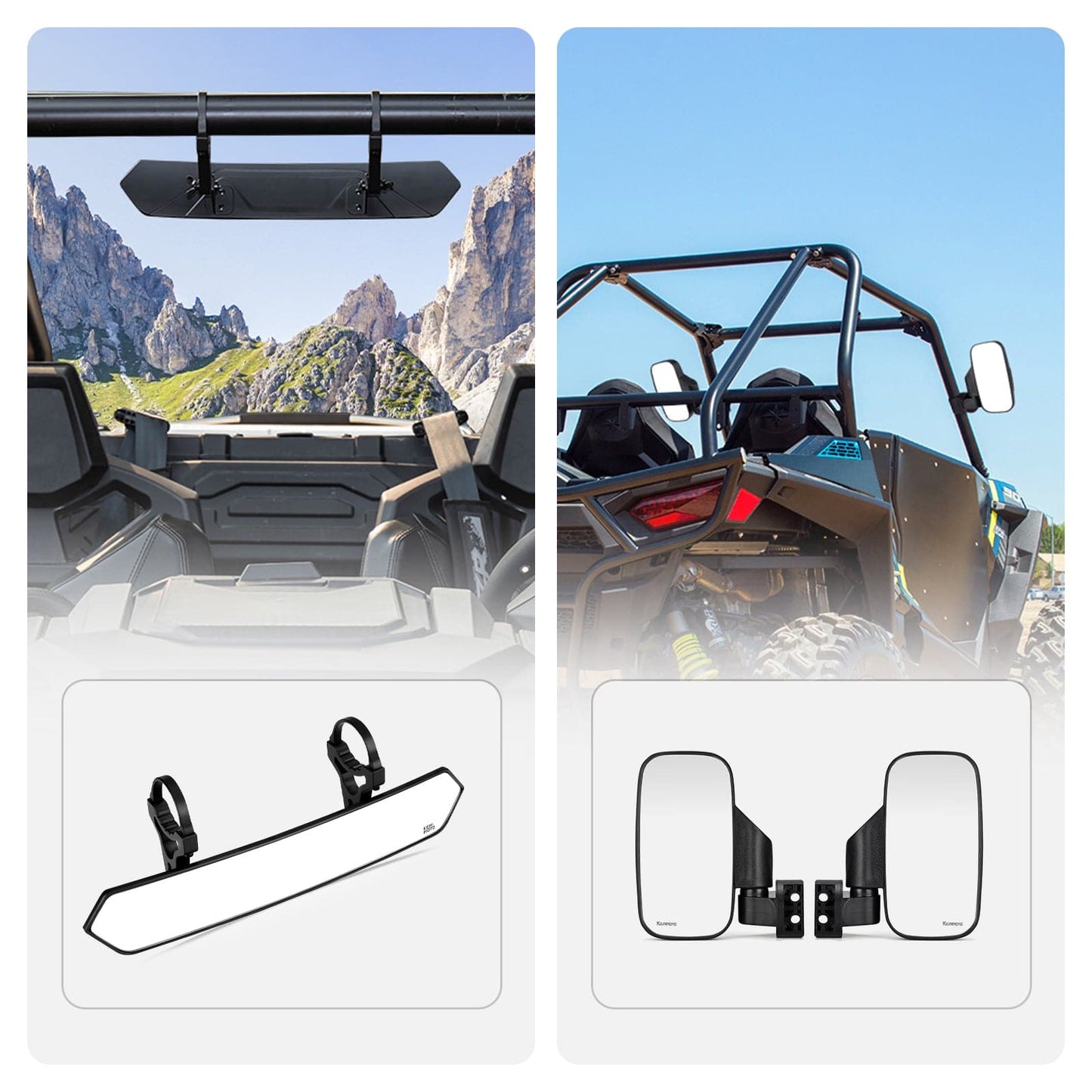 UTV 1.65"-2" Round Tube Adjustable Rear View Mirror & UTV 1.75"-2" Round Tube Adjustable Side Mirrors - Kemimoto