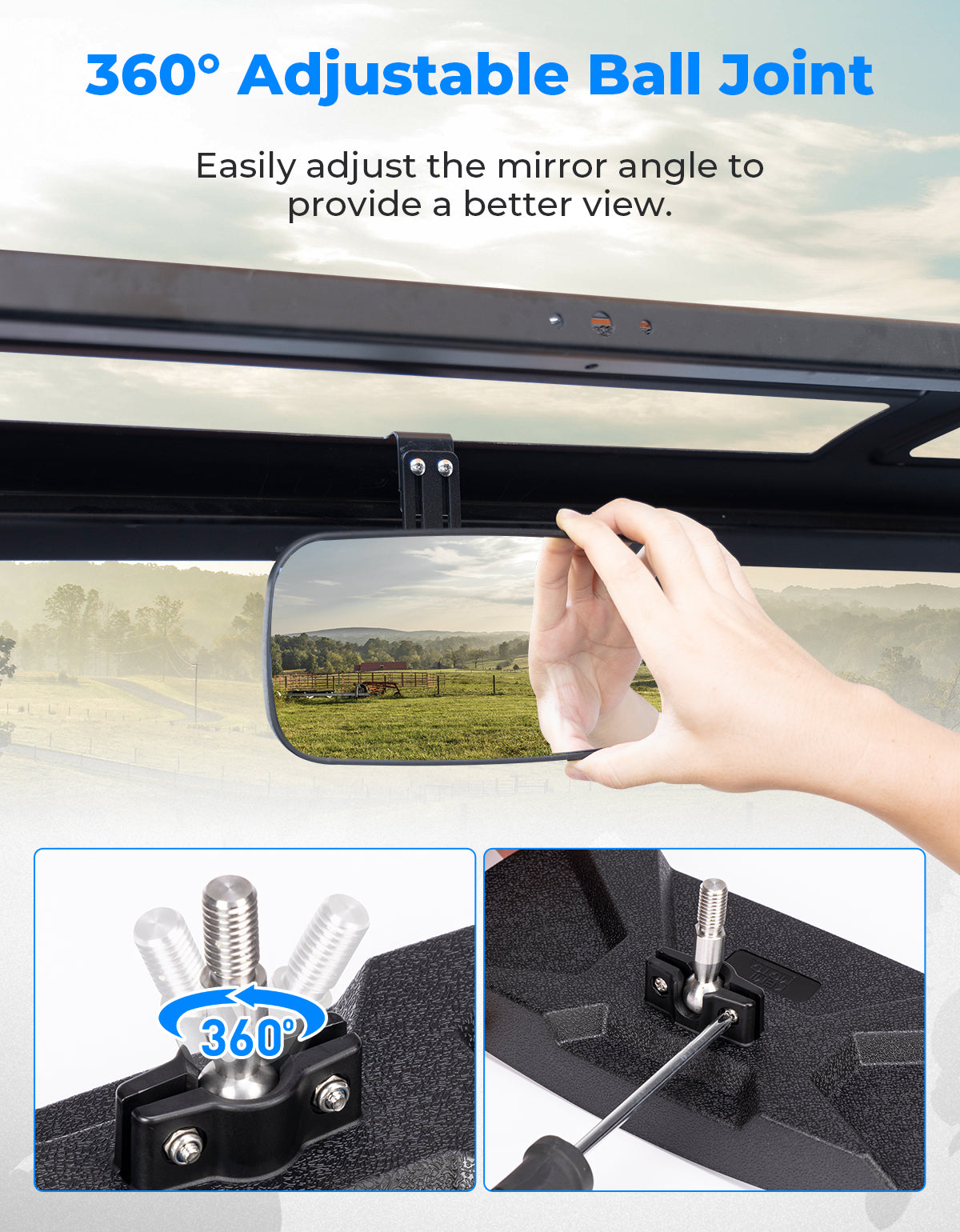 Upgraded Rear View Mirror for Polaris Ranger 500 570 900 XP 1000 XP/Crew 2017-2025 - Kemimoto